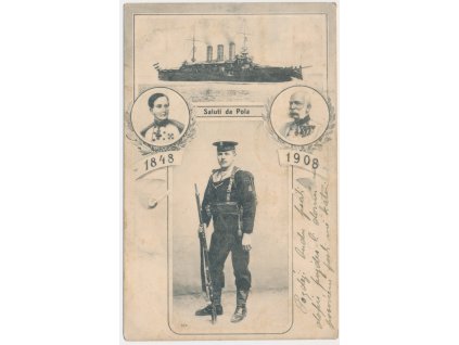 Námořnictvo, 4 záběrová koláž "Saluti da Pola", mj. voják námořní pěchoty, 1908