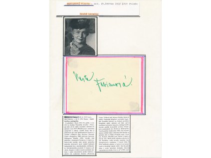 Fabianová Vlasta (1912-1991), česká herečka, sběratelský list s vl. podpisem