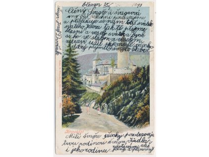 55 - Rakovnicko, oživená partie na cestičce před hradem Křivoklát, 1903