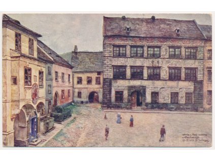 48 - Prachatice, Oživená část náměstí se starou radnicí, cca 1925