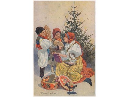 Šťastné Vánoce!, Lidové kroje, maminka a děti u stromečku, cca 1918