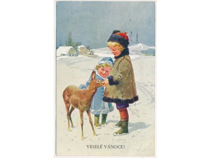 Veselé Vánoce, děti s kolouškem, cca 1931