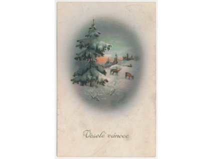 Veselé Vánoce, koláž, zasněžená krajina, srnky..., cca 1924