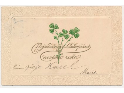 Novoroční reliéfní přání se čtyřlístky, cca 1901