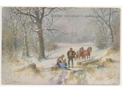 Novoroční přání, oživená zasněžená krajina, koníci..., cca 1916