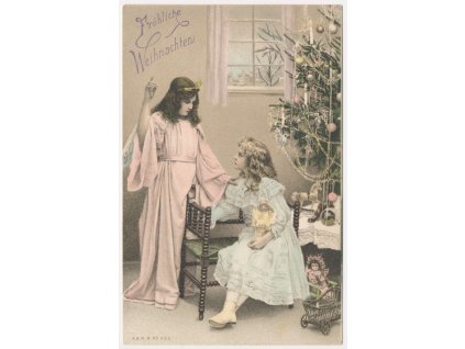 Fröhliche Weihnachten, oživená partie u vánočního stromečku s dárky, cca 1904