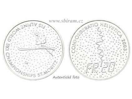 Švýcarsko, Ag (stříbrná) mince 20 Franků, 2003, MS v alpském lyžování...autentické foto
