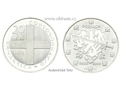 Švýcarsko, Ag (stříbrná) mince 20 Franků, 1999, 500. výročí-Bitva u Dornachu...autentické foto