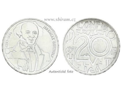 Švýcarsko, Ag (stříbrná) mince 20 Franků, 1997, Jeremiáš Gotthelf...autentické foto