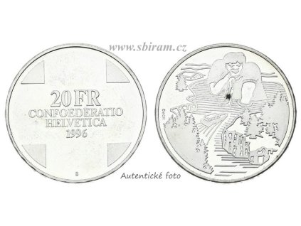 Švýcarsko, Ag (stříbrná) mince 20 Franků, 1996, Gargantua...autentické foto