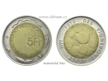 Švýcarsko, pamětní mince 5 Franků, 1999...viz autentické foto