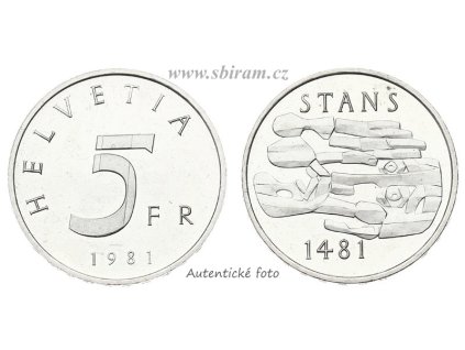 Švýcarsko, pamětní mince 5 Franků, 1981...viz autentické foto