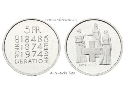 Švýcarsko, pamětní mince 5 Franků, 1974...viz autentické foto