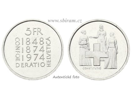 Švýcarsko, pamětní mince 5 Franků, 1974...viz autentické foto