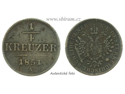 Rakousko - Uhersko, mince 1/4 Kreuzer, 1851 A...viz autentické foto