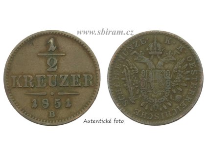 Rakousko - Uhersko, mince 1/2 Kreuzer, 1851 B...viz autentické foto