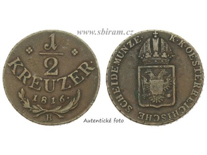 Rakousko - Uhersko, mince 1/2 Kreuzer, 1816 B...viz autentické foto