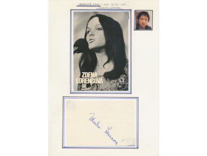 Lorencová Zdena/Zdeňka (1947), česká zpěvačka, sběratelský list s vl. podpisem