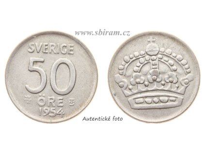Švédsko, Ag (stříbrná) mince 50 Öre, 1954...viz autentické foto