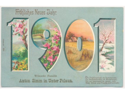 Novoroční přání, číselná koláž, Fröhliches Neues Jahr 1901