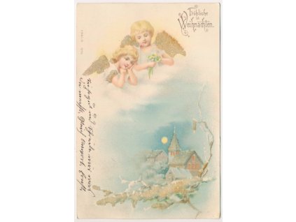 Vánoční reliéfní přání s andílky, Fröhliche Weihnachten, 1900