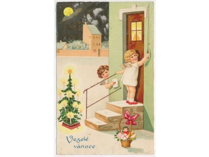 Vánoční přání, "Veselé Vánoce", Andílci u dveří domu, cca 1931