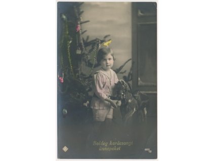 Vánoční přání, Holčička s koníkem u vánočního stromečku, cca 1917