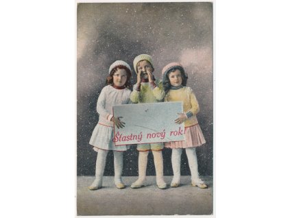 Tři děvčátka přejí "Šťastný Nový rok", cca 1913