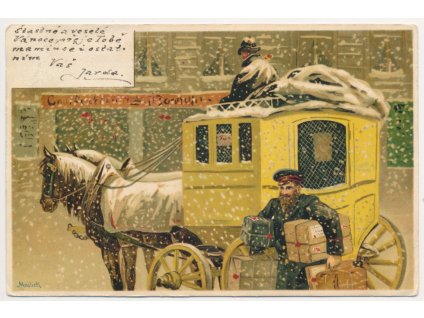Vánoční přání, Kočár s koňmi, Poslíček s dárky, prošlá poštou 1904