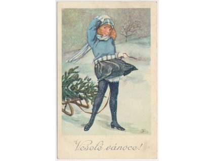 Veselé Vánoce!, Dívka v zasněžené krajině veze na sáňkách stromeček, 1920