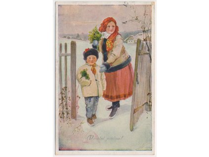 Vánoční pozdrav!, lidové kroje, cca 1920