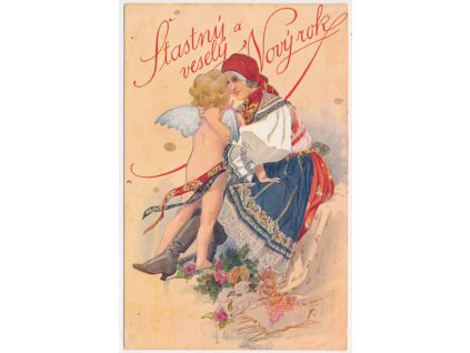 Šťastný a veselý Nový rok, Žena v kroji a andílek, cca 1920