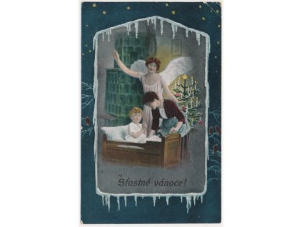 Šťastné Vánoce, koláž s pohledem na rodinu a vánoční stromeček, 1917