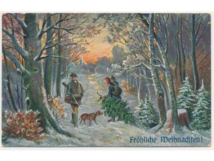 Vánoční přání, Myslivec s pejskem v lese, cca 1914