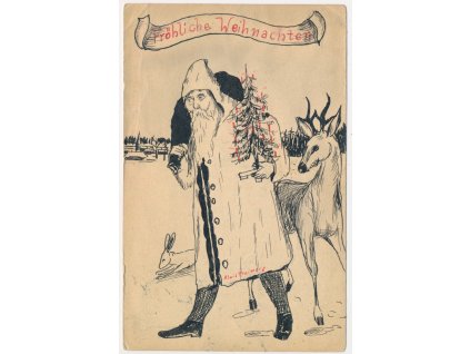 Vánoční přání, Fröhliche Weihnachten, Mikuláš, zvířátka, stromeček...., cca 194, vady po okrajích