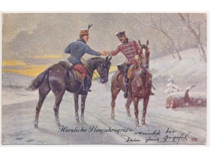 Novoroční přání, Herzliche Neujahrsgrüsse, Vojáci na koních, cca 1908