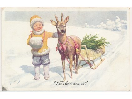 Veselé Vánoce!, Chlapeček se srnečkem a sáňkami, cca 1913