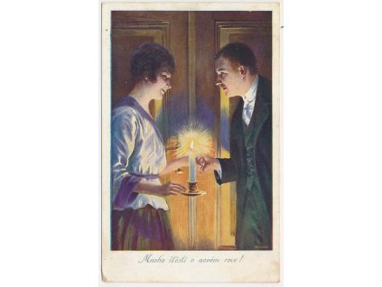 Mnoho štěstí v Novém roce! Zamilovaný pár u hořící svíčky, cca 1921