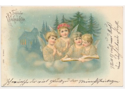 Vánoční reliéfní přání, 4 andělé, Fröhliche Weihnachten, cca 1900