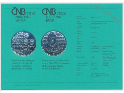 ČR, certifikát k Ag minci 200,-Kč, 2015, 100. výročí rozluštění chetitštiny B. Hrozným