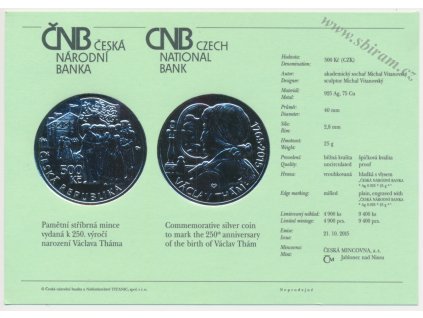 ČR, certifikát k Ag minci 500,-Kč, 2015, 250. výročí narození Václava Tháma