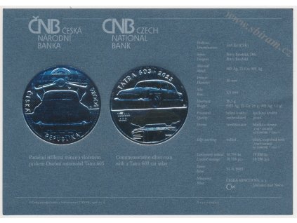 ČR, certifikát k Ag minci 500,-Kč, 2023, Osobní automobil Tatra 603