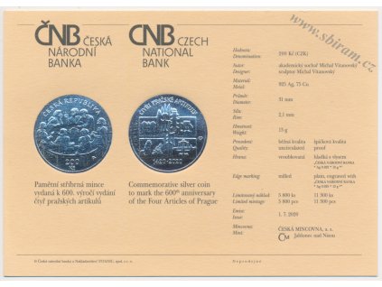 ČR, certifikát k Ag minci 200,-Kč, 2020, 600. výročí vydání čtyř pražských artikulů