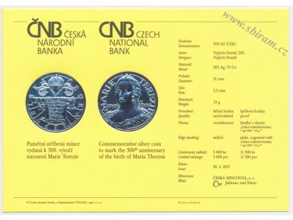 ČR, certifikát k Ag minci 200,-Kč, 2017, 300. výročí narození Marie Terezie