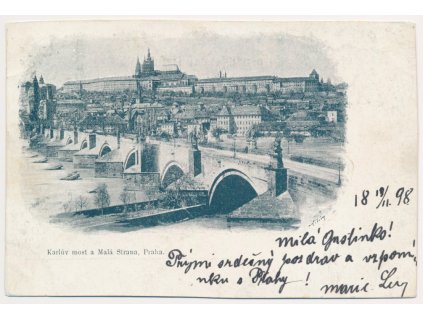 49 - Praha, koláž, Karlův most a Malá Strana, prošlá poštou 1898