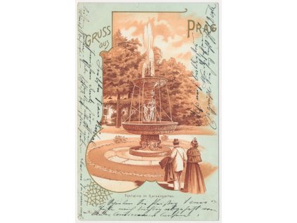 49 - Praha, koláž, Fontaine im Kaisergarten, oživená partie u fontány, 1900