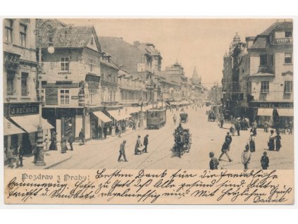 49 - Praha, Příkopy, Oživená ulice, tramvaj, kočár s koňmi..., cca 1904