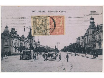 Rumunsko, Bukurešť, Bulevardu Coltea, oživená ulice, tramvaj, cca 1920