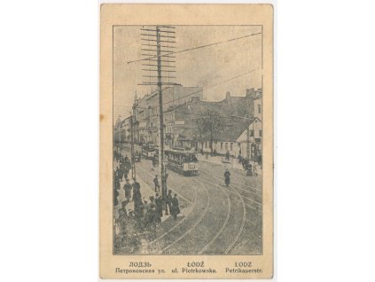 Polsko, Lodž, ul. Piotrkowska, oživená ulice s tramvají, cca 1915