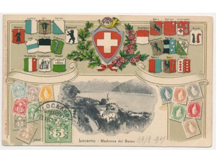 Švýcarsko, Locarno, Madonna del Sasso, známková a erbová koláž, 1907